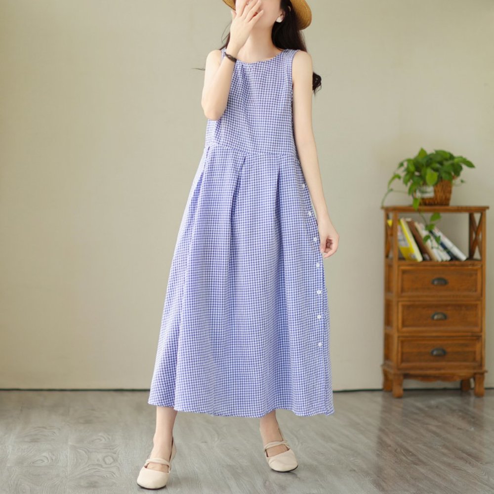 Cotton Linen Midi Dress Plaid, Midi Swing Dress Casual, Cotton Linen Dress